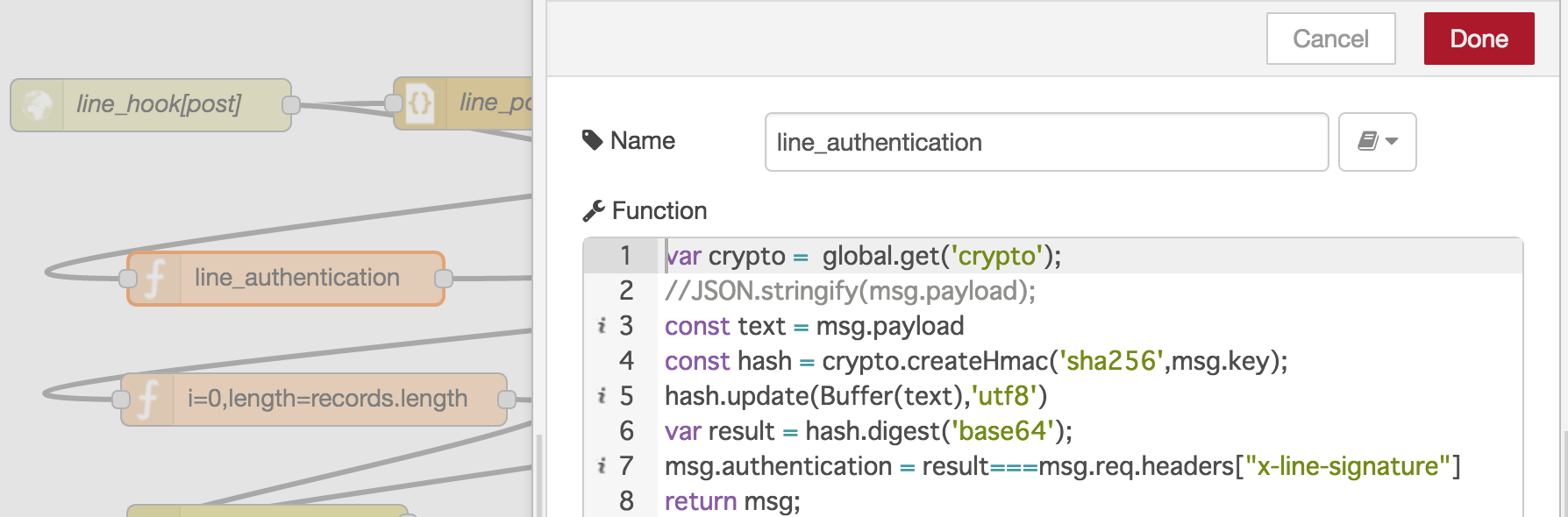 Node-REDでLINE Messaging APIの認証を行う方法を説明する図