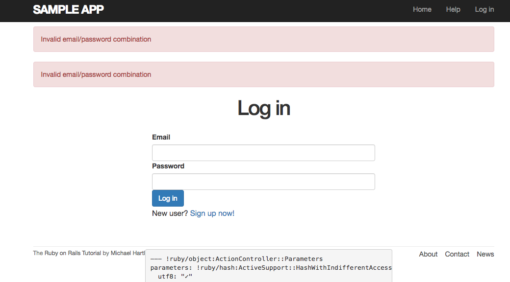 Ruby on Rails チュートリアル 8章 ログイン失敗時のフラッシュメッセージが2つ出てしまう | teratail
