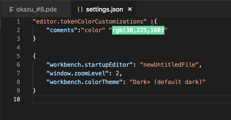 vscodeのsetting.jsonを編集してcolor theme内の//コメントの色を変えたい。